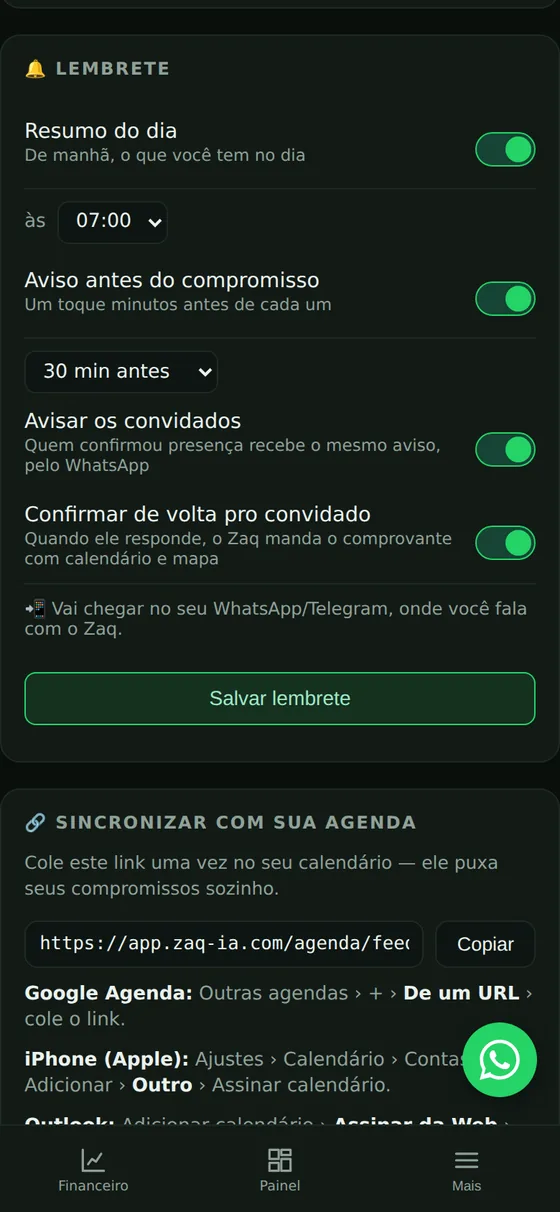 Configuração do aviso automático da agenda do Zaq