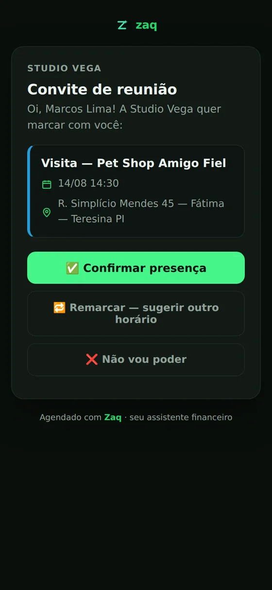 Convite de reunião que o cliente recebe para confirmar